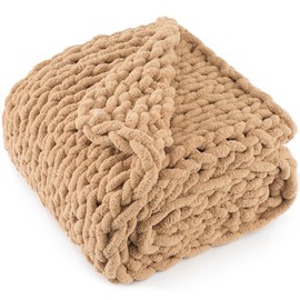 LONG CREATE Chunky Knit Throw Blanket 60"X 80", 100% Handmade with Soft Chenille Yarn, 6.7lbs Thick Cable Knitted Blankets, Large Rope Knot Crochet Throws for Couch Sofa Bed Home Decor, Tan Brown