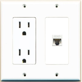 RiteAV - 15 Amp Power Outlet and 1 Port Cat5e Ethernet Decorative Type Wall Plate - White