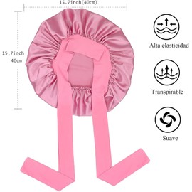 Gorro de Pelo Rizado de Satén,Dormir de Seda Ajustable,Banda Elástica,Gorro de Noche para Cabello Rizado,Ideal para Dormir,Ducha y Belleza,Rosa