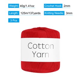 Rebower Cotton Yarn,100% Cotton Soft Knitting Yarn [for Hand DIY Bag Cushion Crocheting Knitting Project Home Decor] -3 Packages of 120g/4.23oz(Per Skein 40g/137yards)/Red