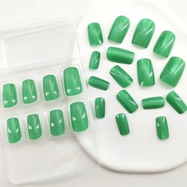 Green Press on Nails Medium Square Fake Nails with Glitter Cat Eye Designs Reusable Glue on Nails Full Cover Acrylic Nails Glossy False Nails Artificial Stick on Nails for Women 24Pcs