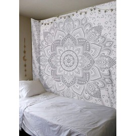 raajsee Grey Mandala Tapestry Bedroom Aesthetic - Indie Wall Tapestry Hippie Room Decor - Boho Tapestrys -Trippy Small Tapestry Wall Hanging – White Silver Wall Art 30x40 Inches