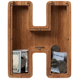 Piggy Bank for Kids Boys Girls, Wooden Large Letter Piggy Bank Alphabet Money Bank with Initial H, Coin Bank Fun Gifts for Birthday, Christmas, Festival, Baby Shower