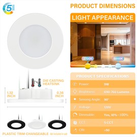 JULLISON 4 Inch Small Flush Mount Ceiling Light: LED Mini Surface Mount Light for Bedroom, Hallway, Kitchen,120V, 60W,5CCT Selectable, ETL, Wet Rated, White/4 Packs