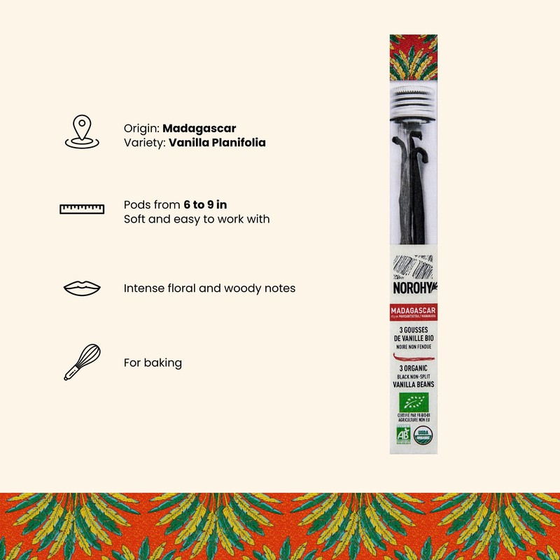 Organic Madagascar Norohy Black Non-Split Vanilla Beans, Whole Grade A