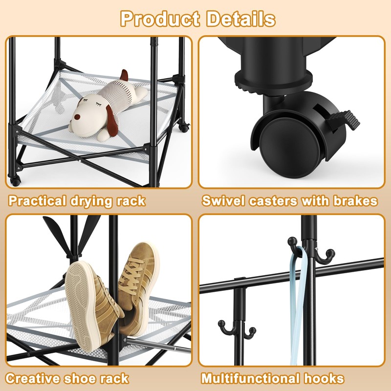 Portable Foldable Clothes Drying Rack - Adjustable Double Extendable Rods