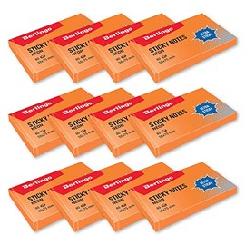 Berlingo Sticky Note Pad, 50 x 75 mm, 12 Pads, 80 Sheets per Pad, Sticky Notes for Notes and To-Do Lists, Ultra Sticky Series, Neon Colours, Orange