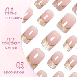 24PCS French Tip Press On Nails - Short Almond Shape False Nails For Women - Nude With Glitter Gold Line Design Glossy Acrylic Stick On Elegant Reusable Glue On Fake For Daily Wear