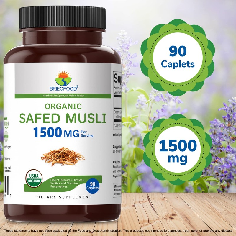 Brieofood Organic Safed Musli 1500mg, 45 Servings, Vegetarian, Gluten Free,