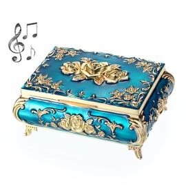 ELLDOO Vintage Music Box, Blue Metal Musical Jewelry Box Keepsake Box, Small Trinket Jewelry Storage Box Gift for Girl Women (Tune: You are My Sunshine)