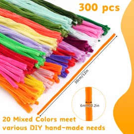 300 PCS Pipe Cleaners, Multi-Color Chenille Stems, Pipe Cleaners Craft, 20 Assorted Colors Pipecleaners for Art and Craft Supplies DIY Projects (12 inch x 6 mm)