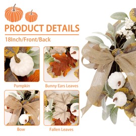 Fall Decorations for Home,18" Autumn Pumpkin Wreath with Bows,Maple Leaves and Berries,Artificial Autumn Door Wreath for Outside, Window, Wall, Thanksgiving Decor