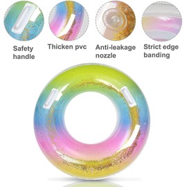 Swimming Ring with Handle Swimming Ring Rainbow Sequins Adult Round Swimming Ring Swimming Ring Tube for Pool Assistance Swimming Summer Pool Party Bathing Ring Approx. 80 cm