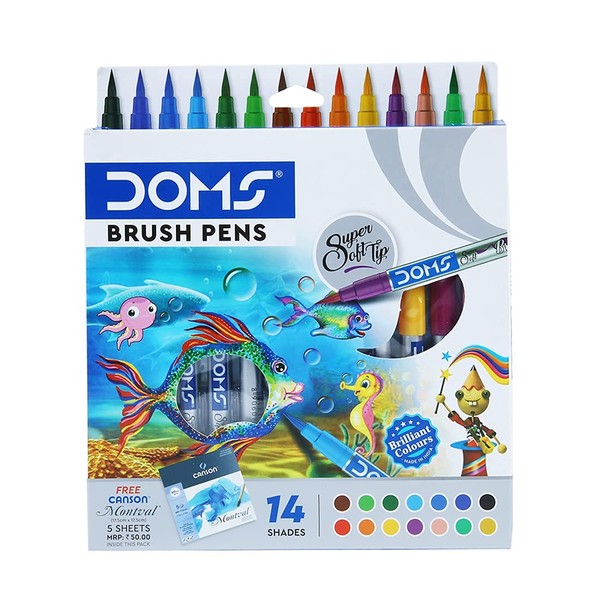 DOMS Non-Toxic Brush Pen in Cardboard Box (14 Assorted Shades