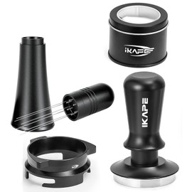 IKAPE 54mm Espresso Tamper Kit 4 in 1 Black, Complete Portafilter accessory set, 53mm Coffee Tamper, WDT Tool, Paper Filters (200pc), Dosing Funnel for Breville Portafilters