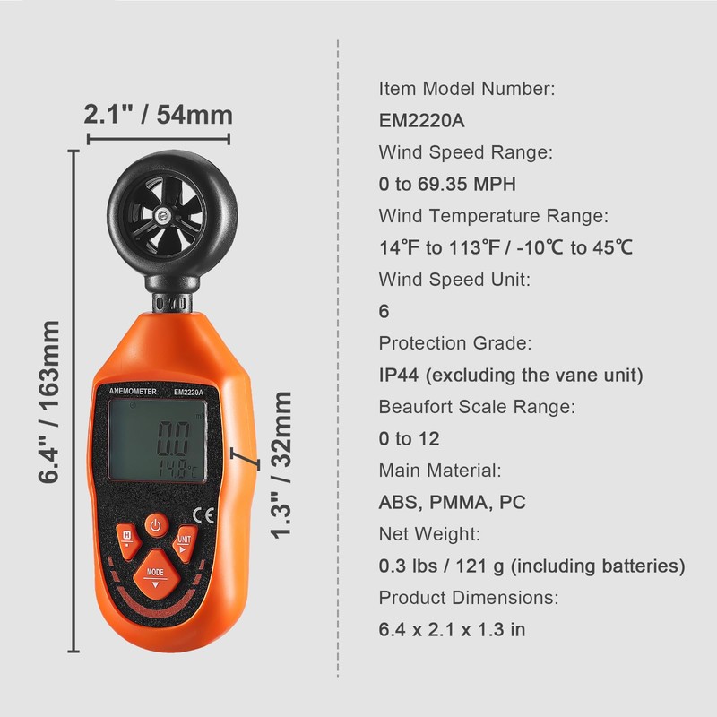 Happybuy Handheld Anemometer, 14℉-113℉, Digital Wind Speed Meter Gauge with