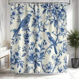 Sufeasdf Chinoiserie Shower Curtain Blue Birds Print Shower Curtains for Bathroom Vintage Rustic Floral Botanical Bathroom Decor Antique Waterproof Fabric Shower Curtain With12 Hooks 72 "X72