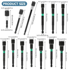 10 Pieces Magnets Hex Socket Set, 6.35 mm 1/4 Inch Hex Shank, Multi-Tooth Nut Set, Nut Set with Extension Rod, for Electric Screwdriver, Cordless Screwdriver (Black)