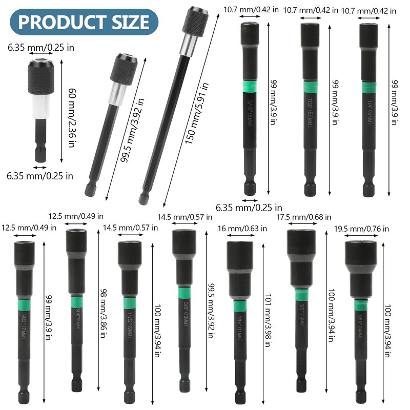 10 Pieces Magnets Hex Socket Set, 6.35 mm 1/4 Inch