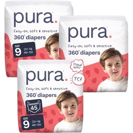 Pura Hypoallergenic Diaper Pants Size 9 (48+ lbs) Overnight, up to 12 Hours Leak Protection, Suitable for Sensitive Skin, Totally Chlorine Free, Soft Organic Cotton, 3 Packs of 15 (45 Pull Up Pants)