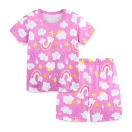 TCWWBB Girls Pyjamas Sets Kids Short Pjs Set Toddler Unicorn Mermaid Animal Print Polyester Sleepwear Little Girl Tops T-Shirt&Pants 2Pcs Summer Nightwear Clothes Age 2-8 Years