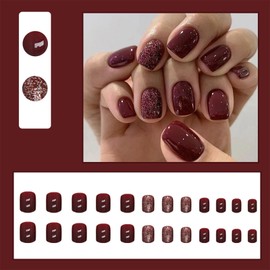 24PCS Wine Red Press on Nails Short Square Glossy Fake Nails with Glitter Design Stick on Nails Glue on Nails Full Cover Solid Color Artificial Nail Decorations for Women and Girls DIY Manicure