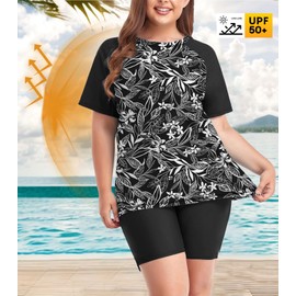 Inno Women's Plus Size 3 Piece Rash Guard Set with Bra Swimsuits Short Sleeve with Boyshorts UPF 50+ Surfing Swimwear, Black White with Bra,3X