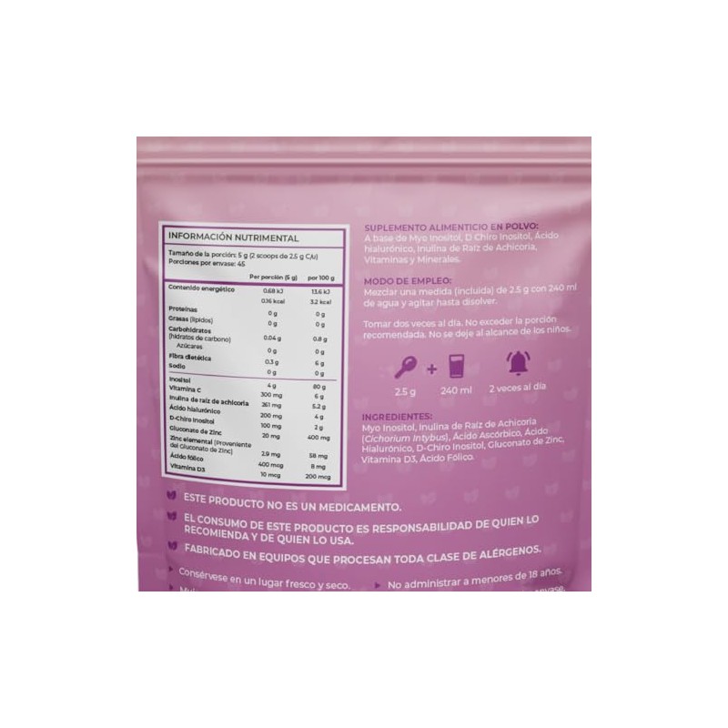 Inositol Myo Chiro Polvo 225g Ácido Fólico Zinc Precursor Colágeno