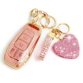 Nomiyo Key Fob Cover with Diamond, Compatible with Ford Edge Explorer Fusion Mustang F150 F250 F350 Lincoln MKC MKX MKZ, Sparkling TPU Key Case and Elegant Heart Decoration for Women (Pink)