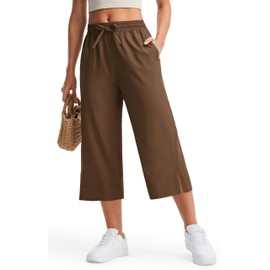 Libin Capri Pants for Women Lightweight Wide Leg Casual Beach Pants Lounge Travel Work Slacks with Pockets Loose Fit Hiking Walking, Brown XXL
