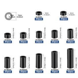 250PCS Black Nylon Round Spacer Assortment Kit ID 6MM OD 11MM, KWOKWEI Outlet Screw spacers 3mm to 35mm in Length, Plastic Spacers Without Threaded for M6 Screws