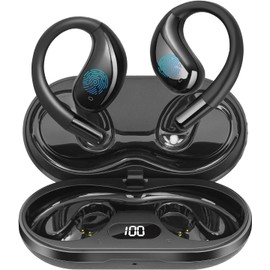 Psadhi Open Ear Clip Wireless Earbuds Bone Conduction Headphones, Bluetooth 5.4, Open Ear Design for Running Fitness,Office，Built-in Mic, IPX7 Waterproof, LED Display Charging Case,Ear Hooks Black