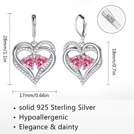 925 Sterling Silver Heart Earrings for Women Pink Silver Dangle Earrings Hypoallergenic Silver Leverback Dangle Earrings (Pink)