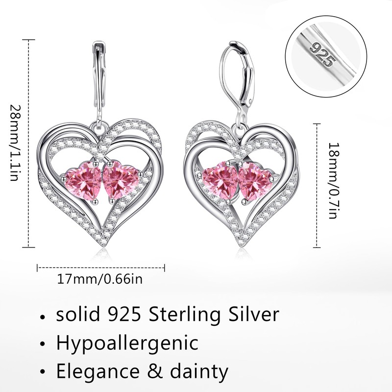 925 Sterling Silver Heart Earrings for Women Pink Silver Dangle