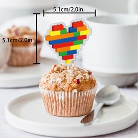 Dessert Cupcake Topper Pick for Building Blocks Block Theme Decor Supplies Baby Shower Happy Birthday Anniversary Party Decoration set 18pcs Colorful Glitter