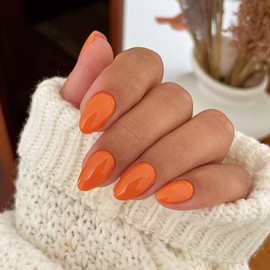 Orange Press on Nails Short Oval Round Nails Glue on, SXVME Fall Winter Short Fake Nails Press ons, Acrylic False Nails Handmade of Gel, Best Thick Short Almond Nails for Big & Petite Fingers, 24Pcs