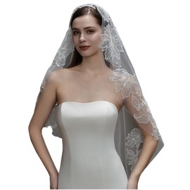 Ayervici Women's Floral Appliqued Wedding Veil Short Fingertip Length 1 Tier Bridal Veil with Metal Comb (100cm/39,Off White)