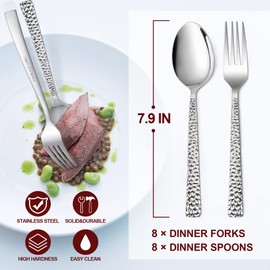 16-Piece Hammered Forks and Spoons Silverware Set, E-far Stainless Steel Square 8 Dinner Forks and 8 Dinner Spoons, Modern Metal Flatware Cutlery for Kitchen and Restaurant, Dishwasher Safe-7.9 Inch