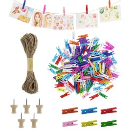 150PCS Mini Colourful Wooden Pegs,Photo String and Pegs,2.5cm Natural Small Photo Pegs,Small Pegs for Hanging Photos,Wooden Pegs Craft with 10M Jute String for Photo Wall Display,Craft,Weddings,Party