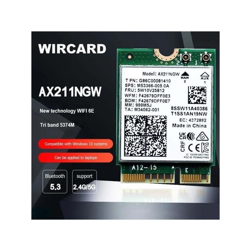 Laptopdiyparts Intel Wi-Fi 6E AX211 AX211NGW CNVio2 2.4/5/6GHz (160MHz) 2.4Gbps