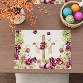 BOTB LIHM Easter Cross Eggs Purple Flowers Leaves Butterfly Spring Cloth Placemats Set of 4 Table Mats Table Decorations 12x18 Inch