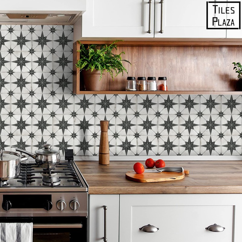 The Tiles Plaza Encaustic Peel and Stick Backsplash, Black Star