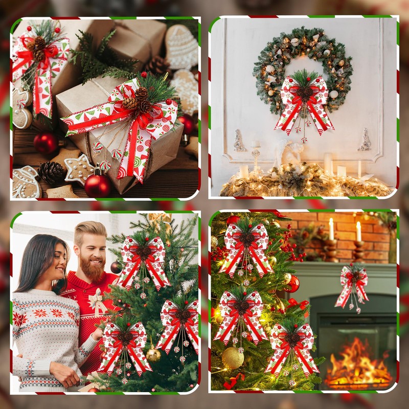4 Pcs Christmas Bow Decor Glitter Dot Bow Ornament, Green,
