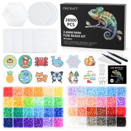 INSCRAFT 28,000 Mini Fuse Beads, 2.6mm 48 Colors Melty Beads with 7 Pegboards 15 Ironing Sheets 2 Tweezers 2 Ironing Papers & 6 Chain Accessories