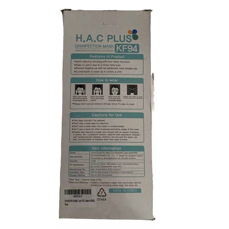 H.A.C PLUS KF94 Disinfection Mask, (Pack of 10) H.A.C Plus