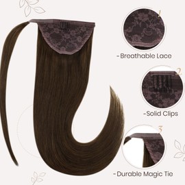 Hetto Real Hair Braid Extensions, Brown Ponytail Extensions, Wrap Around Hair Extensions, #4 Dark Brown, 80 g, 40 cm