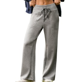 Aleumdr Women's Wide Leg Lounge Pants with Pockets Yoga Sweatpants Palazzo Casual Athletic Baggy Comfy Long Flowy High Waisted Drawstring Grey Pants for 2025 Fall X-Large