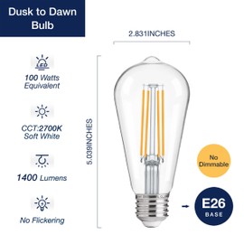 FLSNT Dusk to Dawn Outdoor Sensor ST19 LED Light Bulb, 8W (100W Eqv.), 1400LM,Vintage Filament E26 Base, Auto On/Off Photocell Automatic for Energy-Efficient Outdoor Lighting, 2700K Soft White, 2Pack