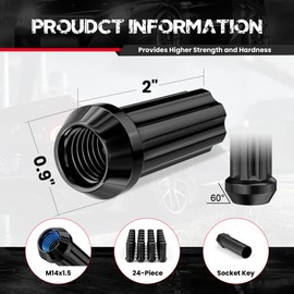 14x1.5 Wheel Lug Nuts, 24 pcs Black M14x1.5 Lug Nut Closed End Long Extended XL Spline with 1 Socket Key for Silverado 1500 Tahoe Avalanche Sierra 1500 Yukon Escalade 6 Lug Aftermarket Wheels