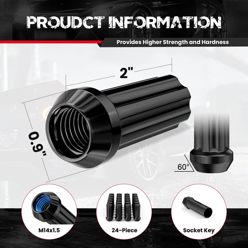 14x1.5 Wheel Lug Nuts, 24 pcs Black M14x1.5 Lug Nut